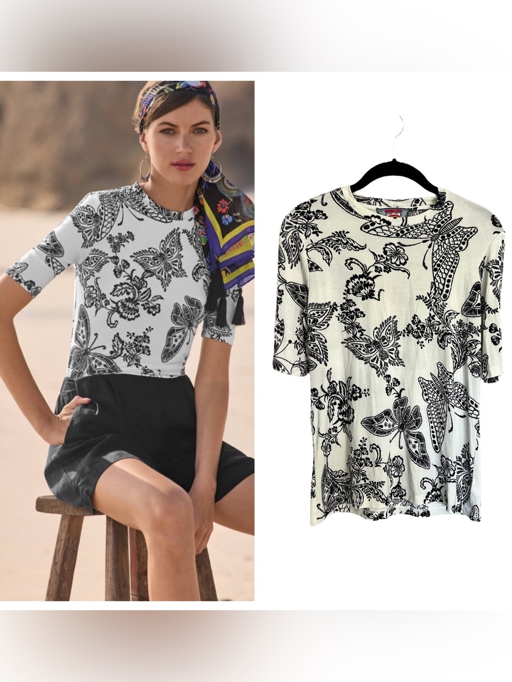 Johnny Was Janie favorite fitted tee black white butterfly print sz S whimsical